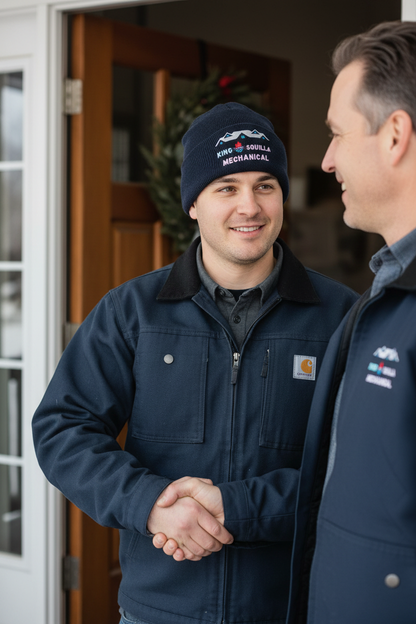 HVAC Technician wearing King Squilla Mechanical navy beanie - door greeting