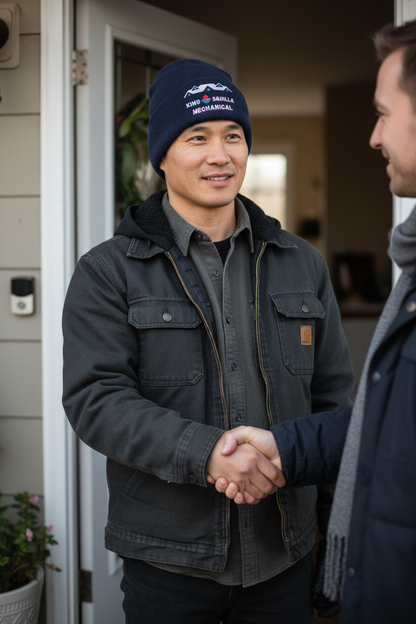 HVAC Technician wearing King Squilla Mechanical navy beanie - door greeting