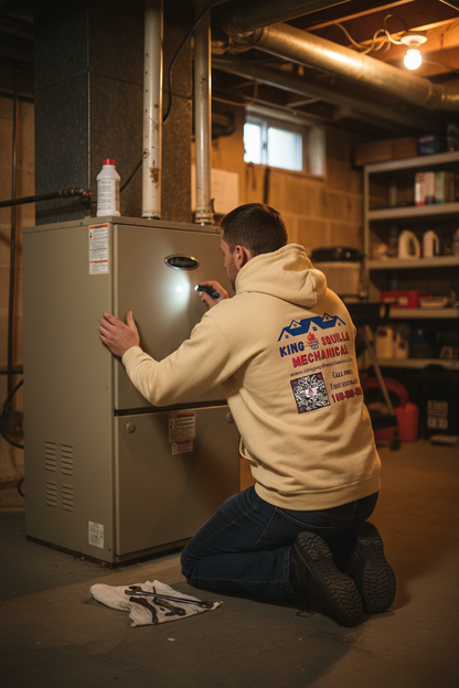 HVAC Technician wearing King Squilla Mechanical old gold hoodie kneeling at heater back view